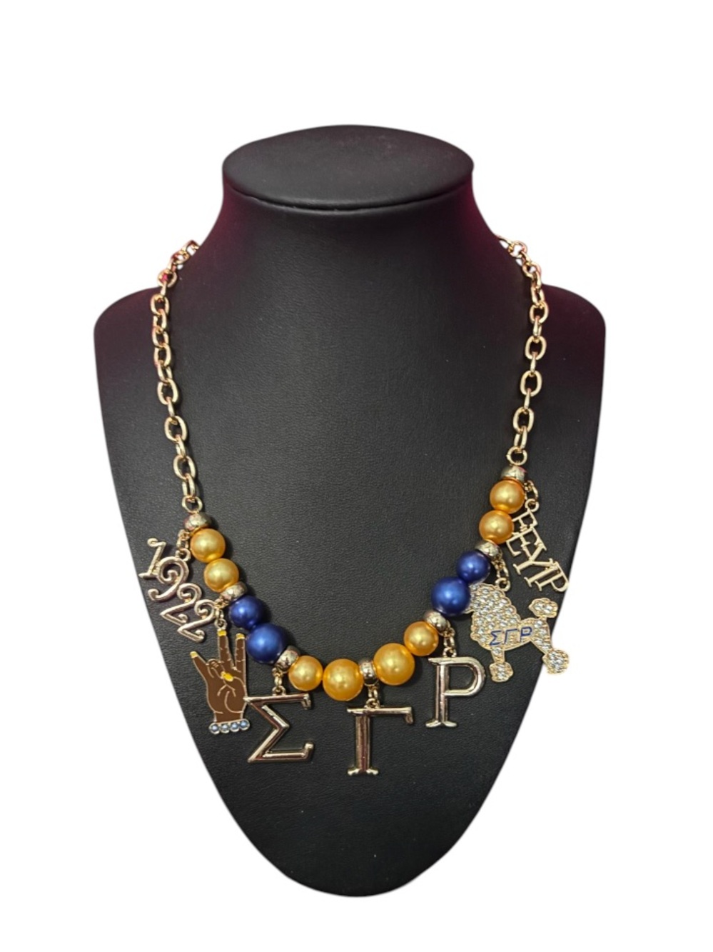 Sigma Gamma Rho Greek Letter Gold and Navy Beaded Statement Necklace
